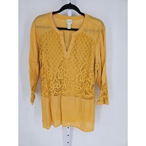 Chico's Women's Gold V-neck Embroidered Front Long Sleeve Linen Top Size 3 (XL)